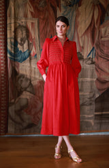 Victoria Woodhull Women's Dress Crimson Needlecord with Gold Coin Hand Smocking