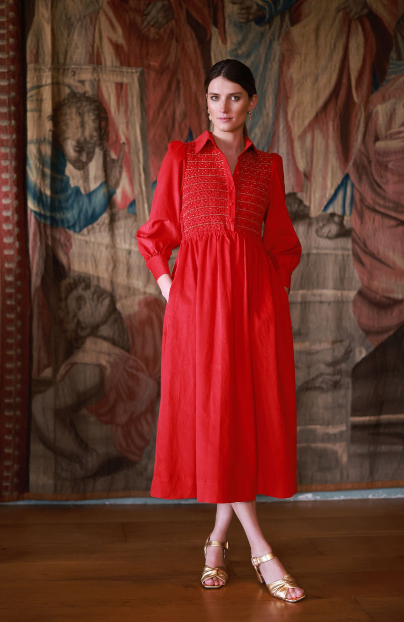 Victoria Woodhull Women's Dress Crimson Needlecord with Gold Coin Hand Smocking