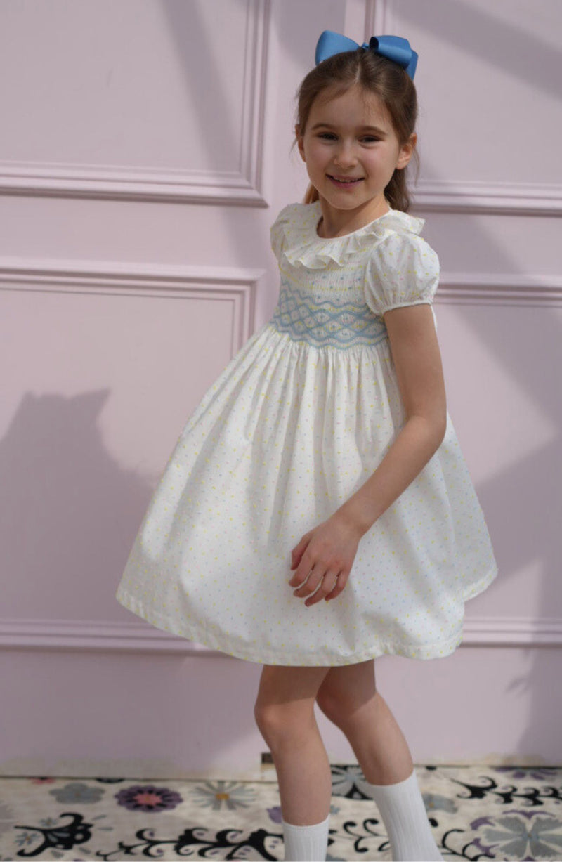Katherine Johnson Dress Pastel Plumetti with Baby Blue Hand Smocking