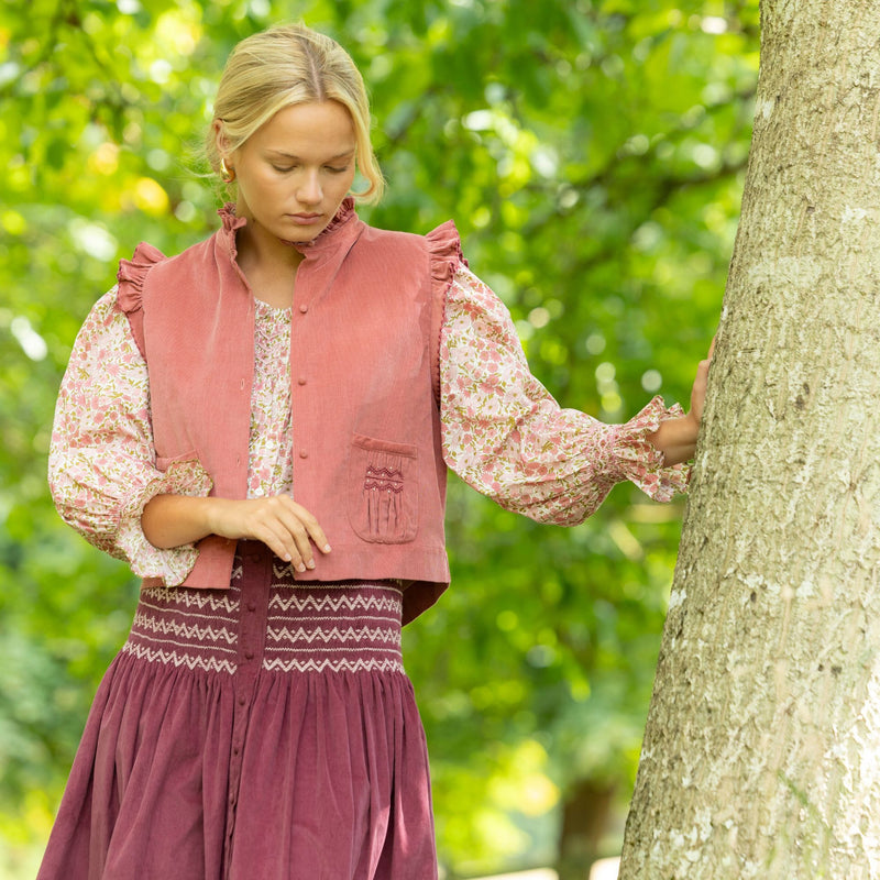 Sullivan Women's Skirt Mulberry Needlecord with Rosehip Hand Smocking