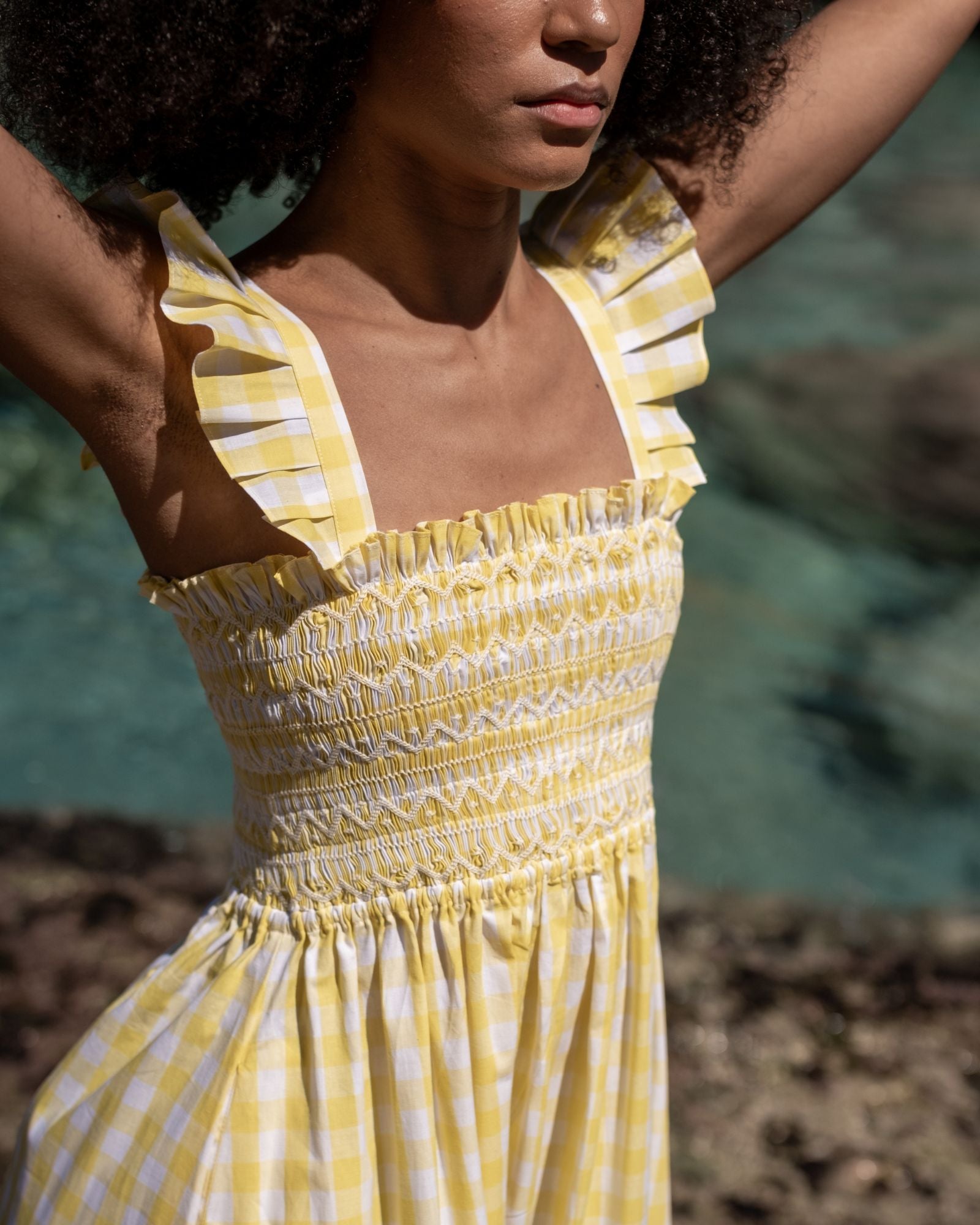 Rachel Carson Dress Positano Check with Ice White Hand Smocking