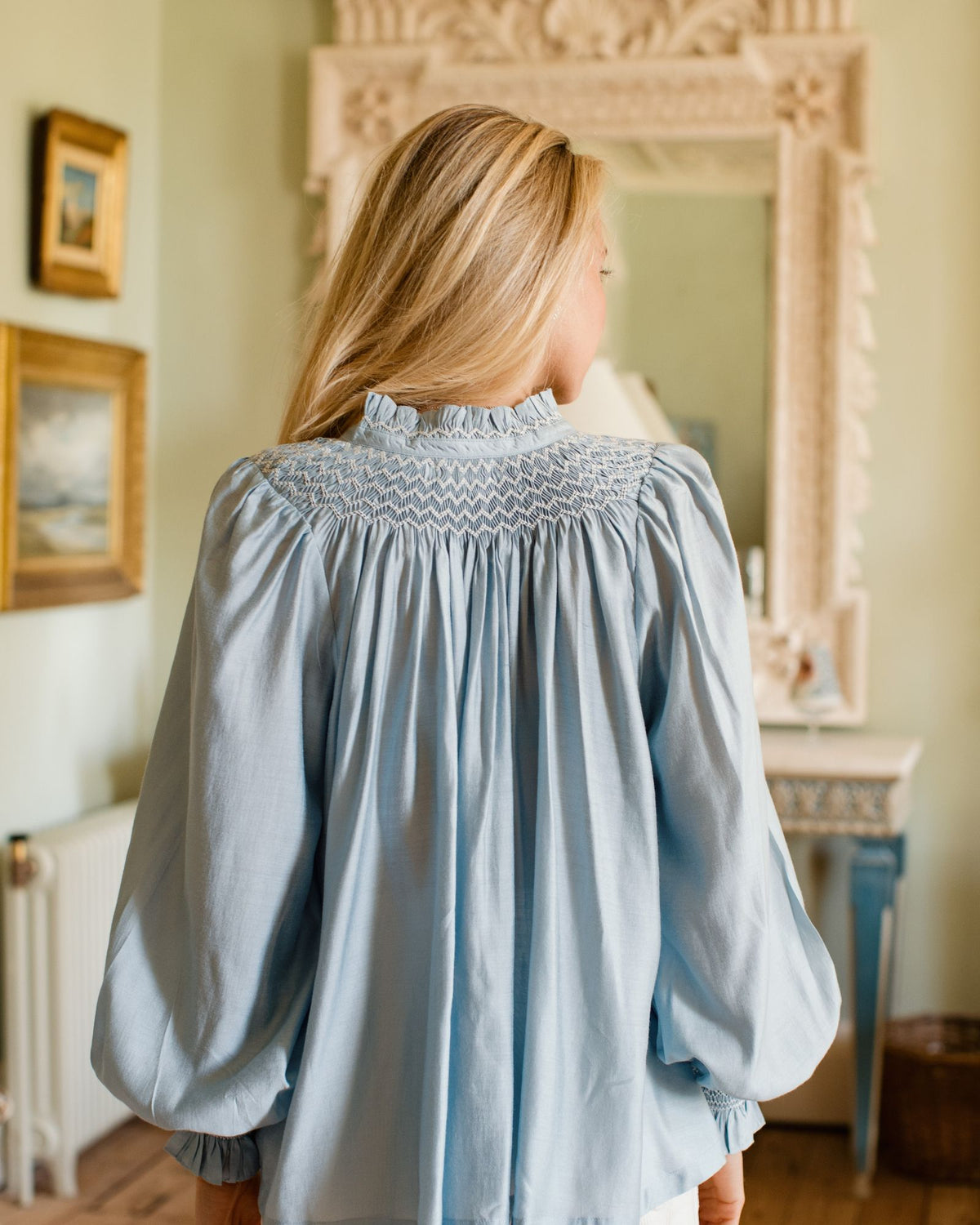 Scholl Blouse Celeste Silk Cotton with Opalite Hand Smocking Edition 70