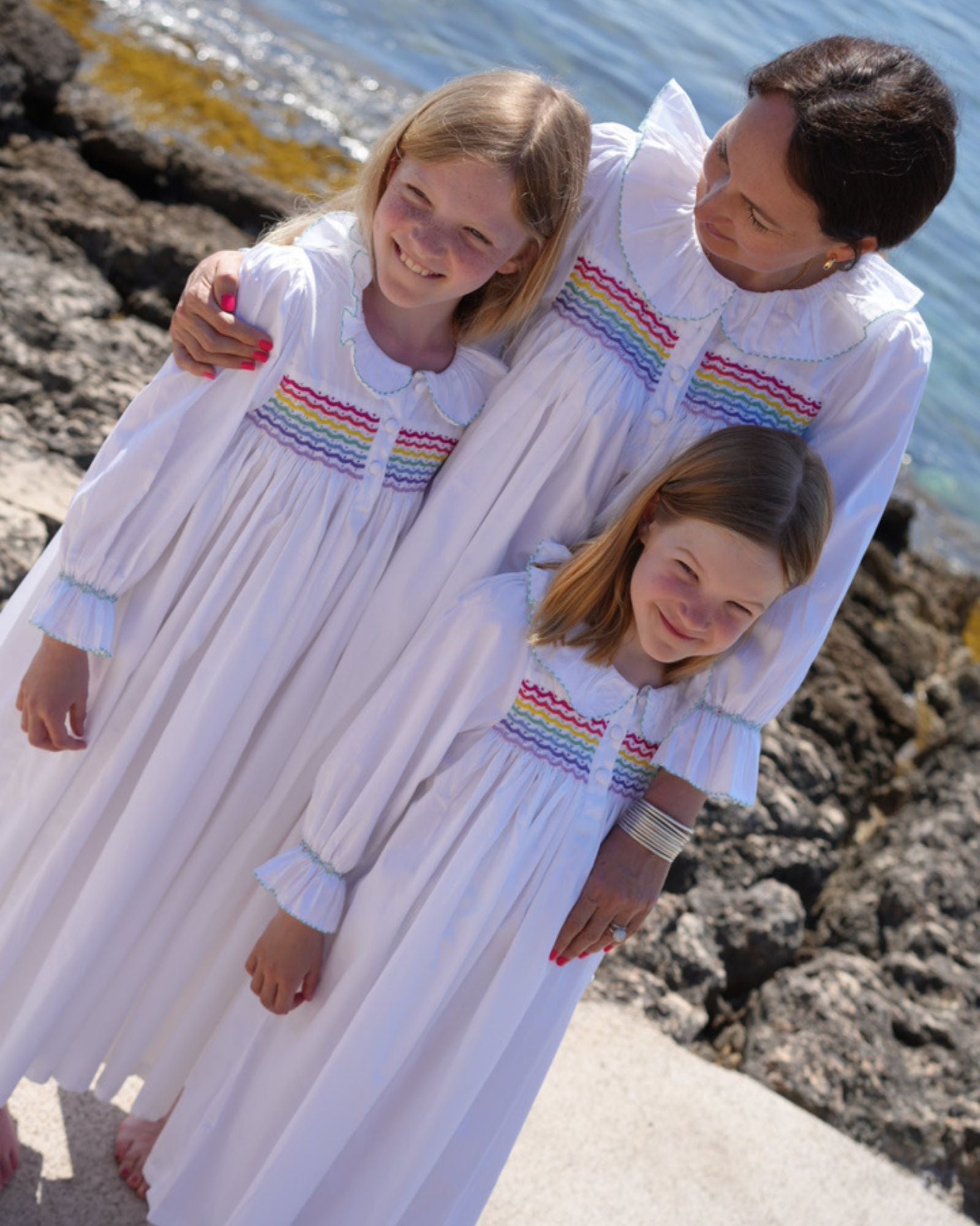 Nightingale Girl's Dress Moonstone Cotton with Rainbow Hand Smocking