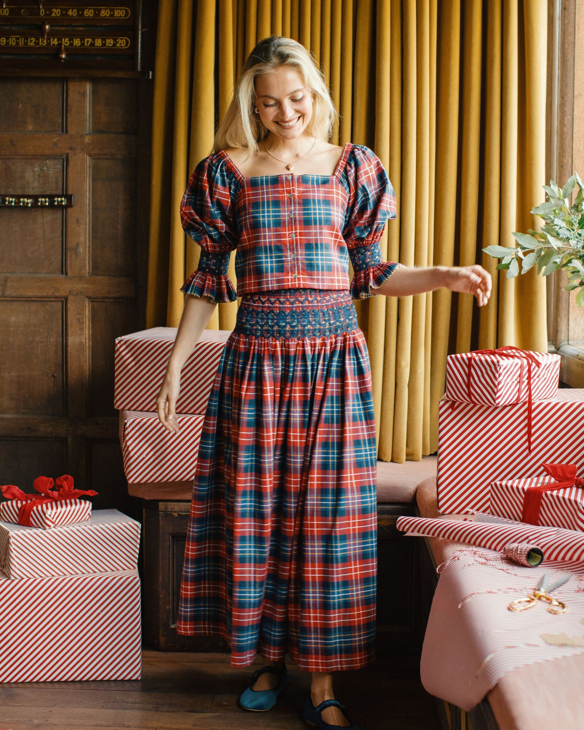 Sullivan Skirt Wallace Tartan with Midnight Sparkle Hand Smocking