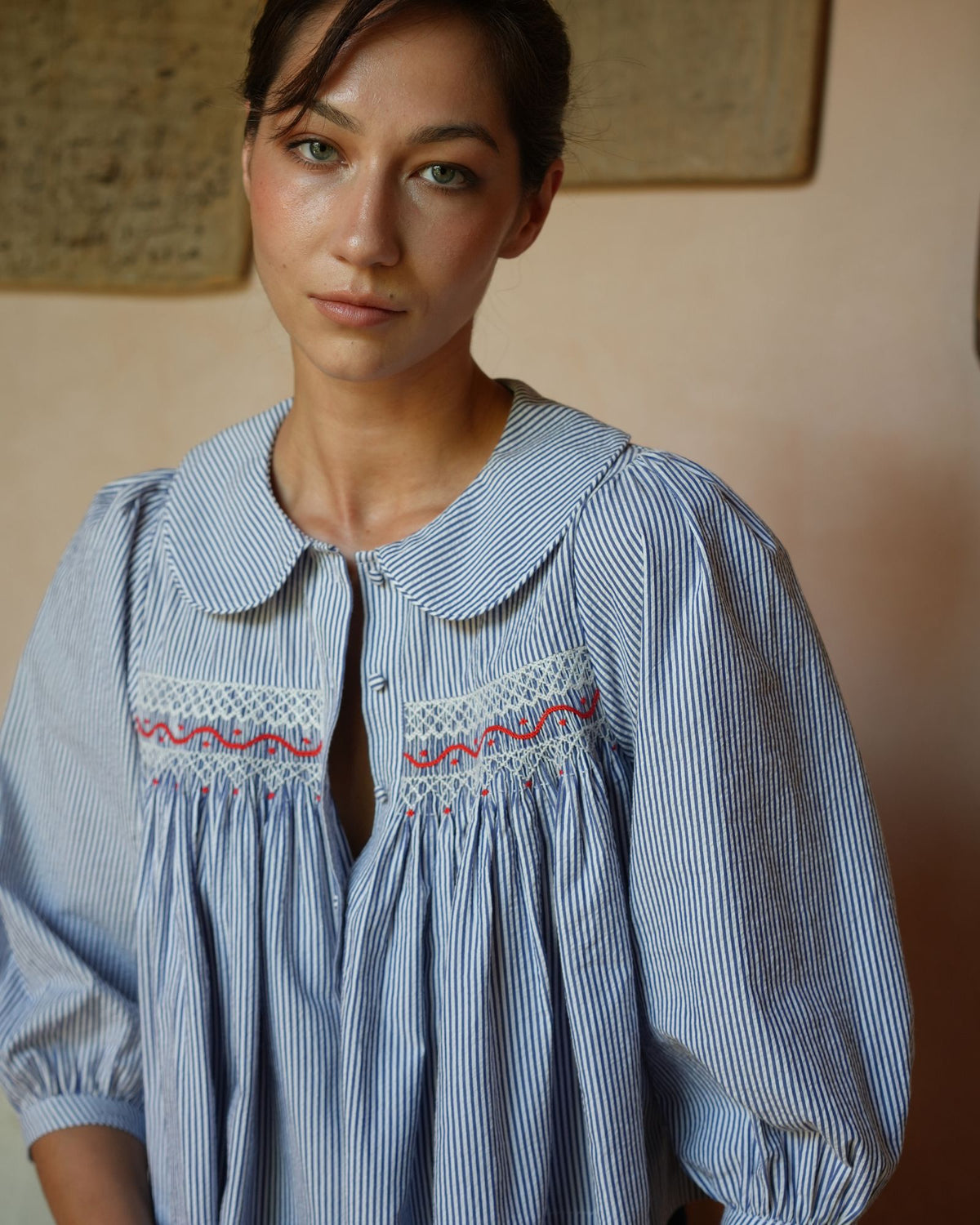 Marie Curie Blouse Nautical Stripe Seersucker with Red and White Hand Smocking