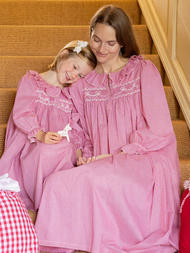 Nightingale Women's Dress Red Vichy with Snow Bow Hand Smocking