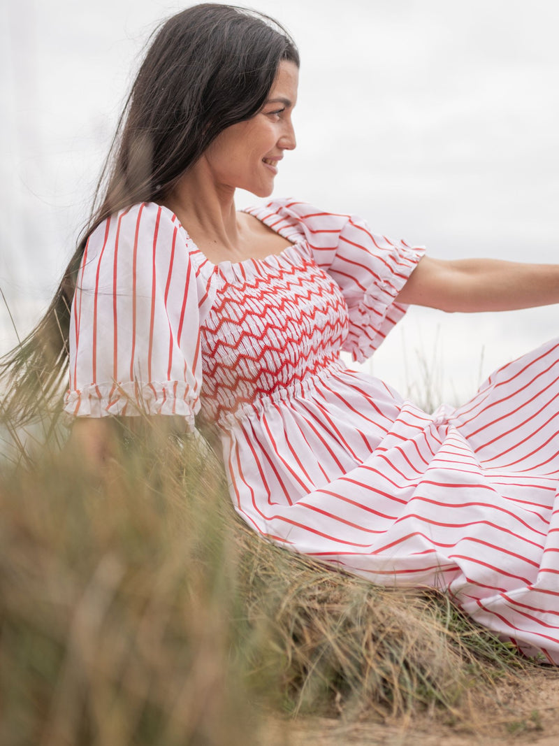 Josefine Butler Dress Aquafresh Stripe with Big Apple Hand Smocking