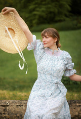 Ada Lovelace Dress Flower Field Linen with Cherry Blossom Hand Smocking