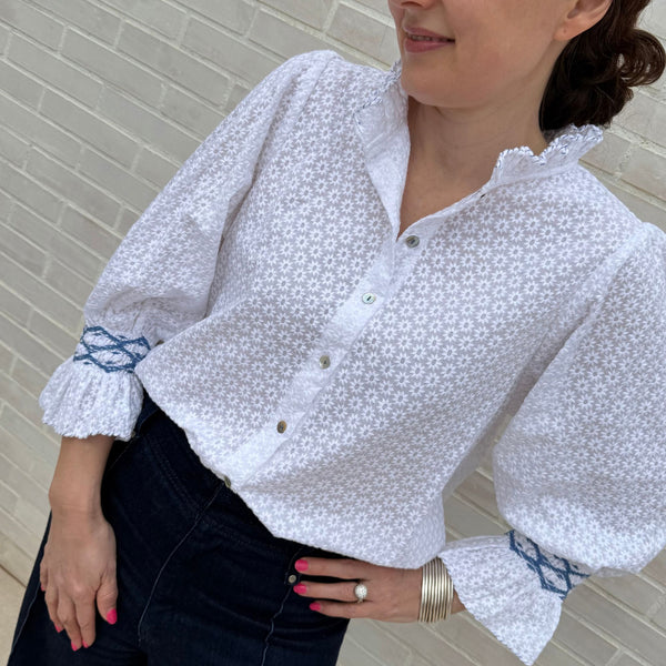 Shelley Blouse Daisy Chain Cotton with Sapphire Hand Smocking Edition 10