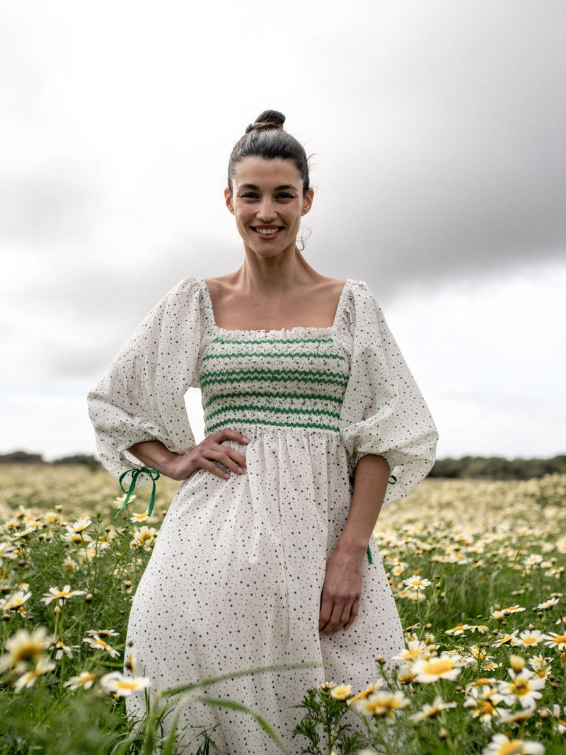 Josefine Butler Dress Frobscottle Spot with Cool as a Cucumber Hand Smocking