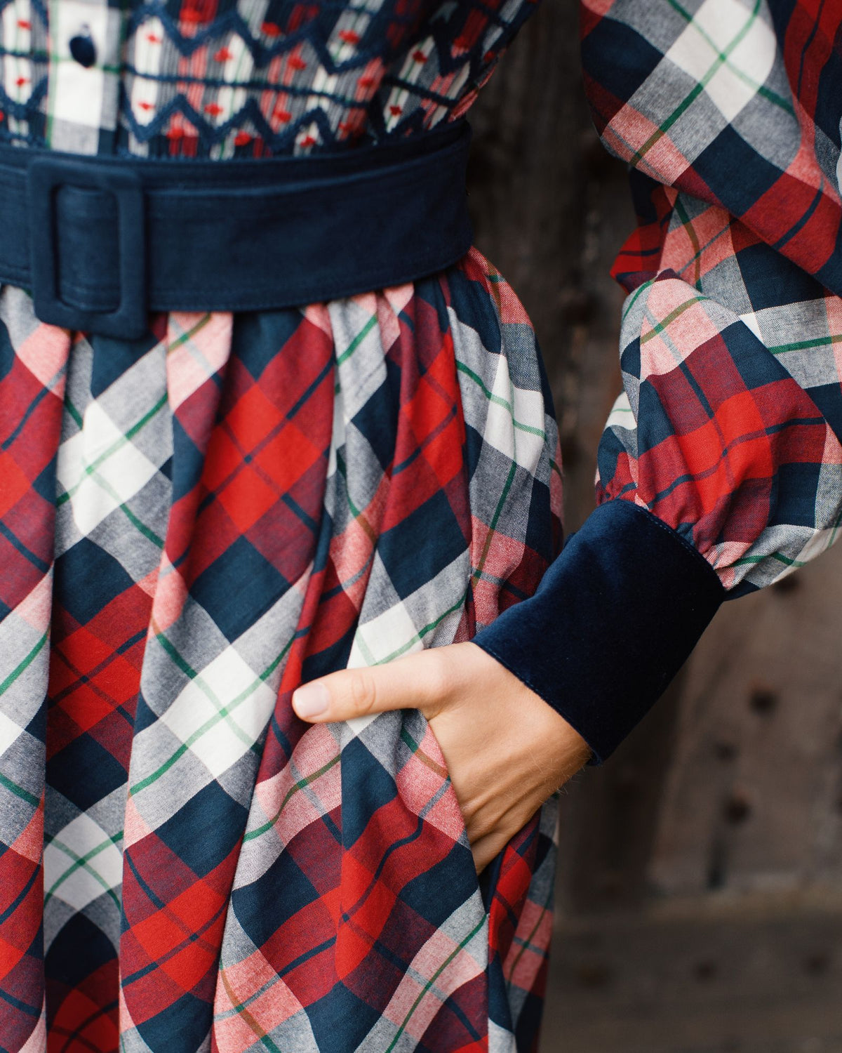 Woodhull Dress Macintyre Tartan with Navy and Red Hand Smocking