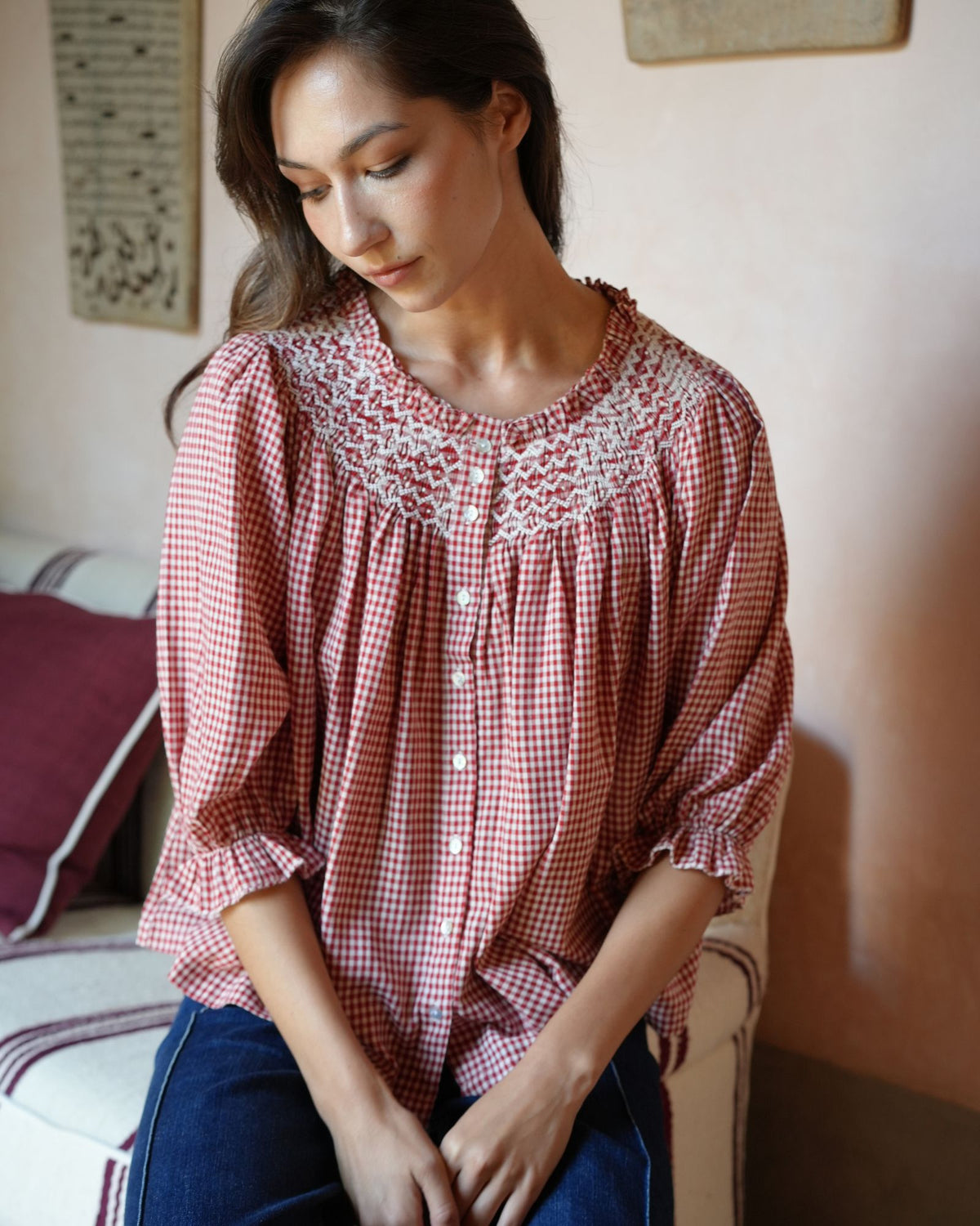 Cleopatra Blouse Red Apple Vichy with Cream Hand Smocking Edition 48