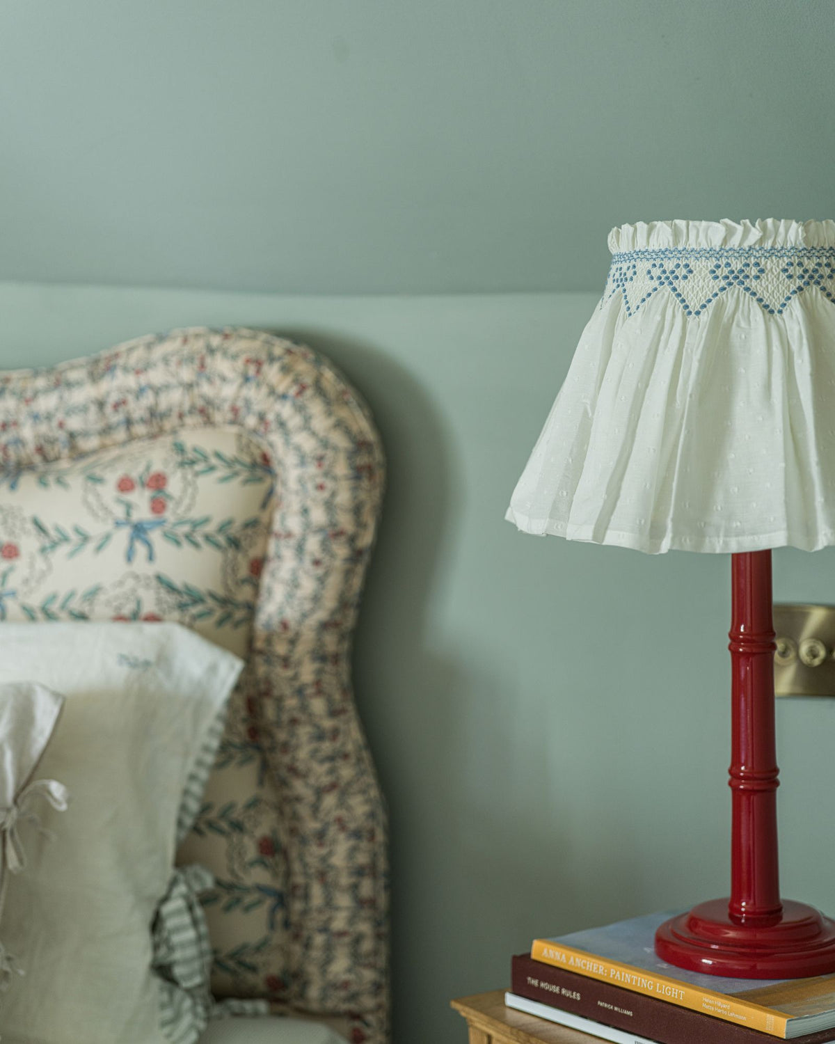 Edit58 x Smock London Elsie Lampshade White Plumetti with Cornflower Ribbons Hand Smocking