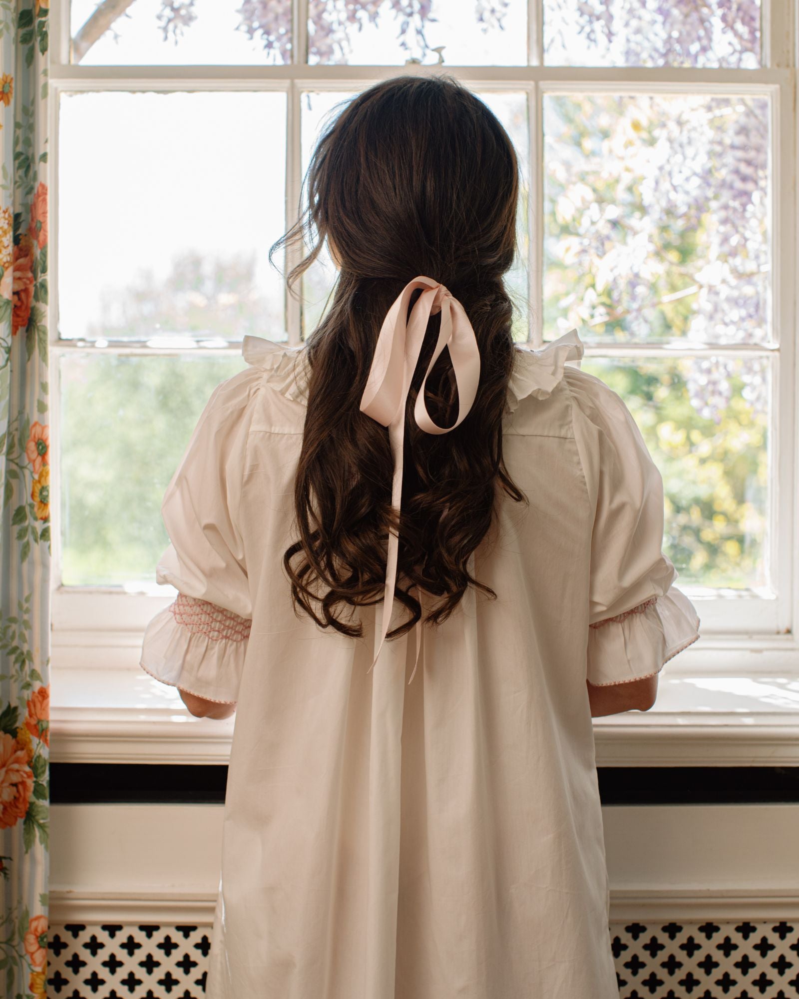 My Mulberry House x Smock London Beth Night Gown White Cotton with Dusty Pink Rose Lattice Hand Smocking