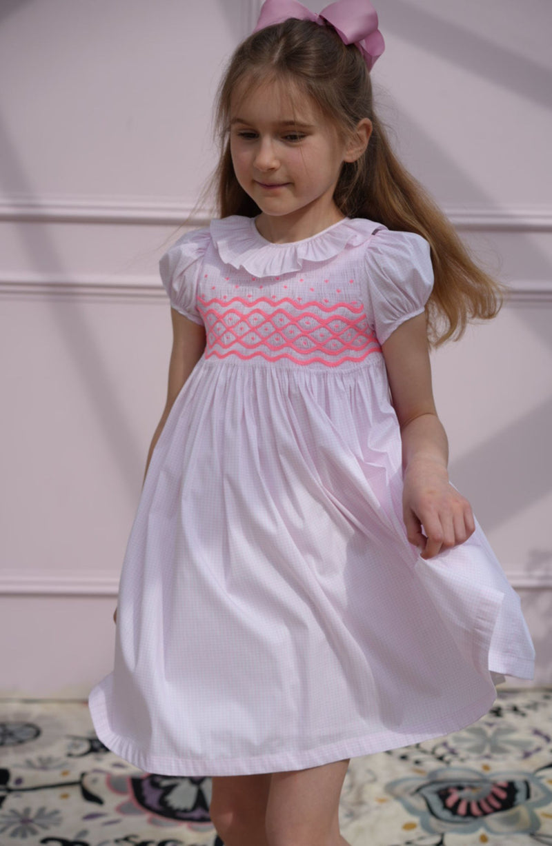 Katherine Johnson Dress Pink Grid Cotton with Strawberrylicious Hand Smocking