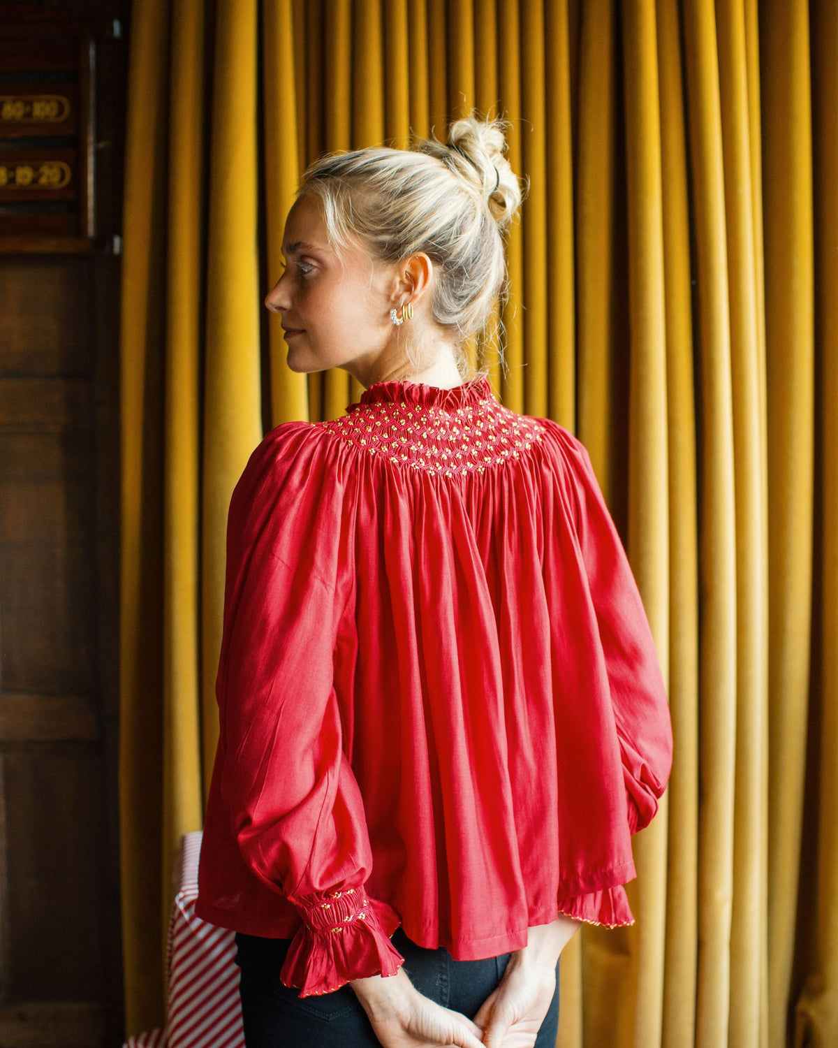Cleopatra Blouse Red Silk Cotton with Sleigh Bell Hand Smocking Edition 35