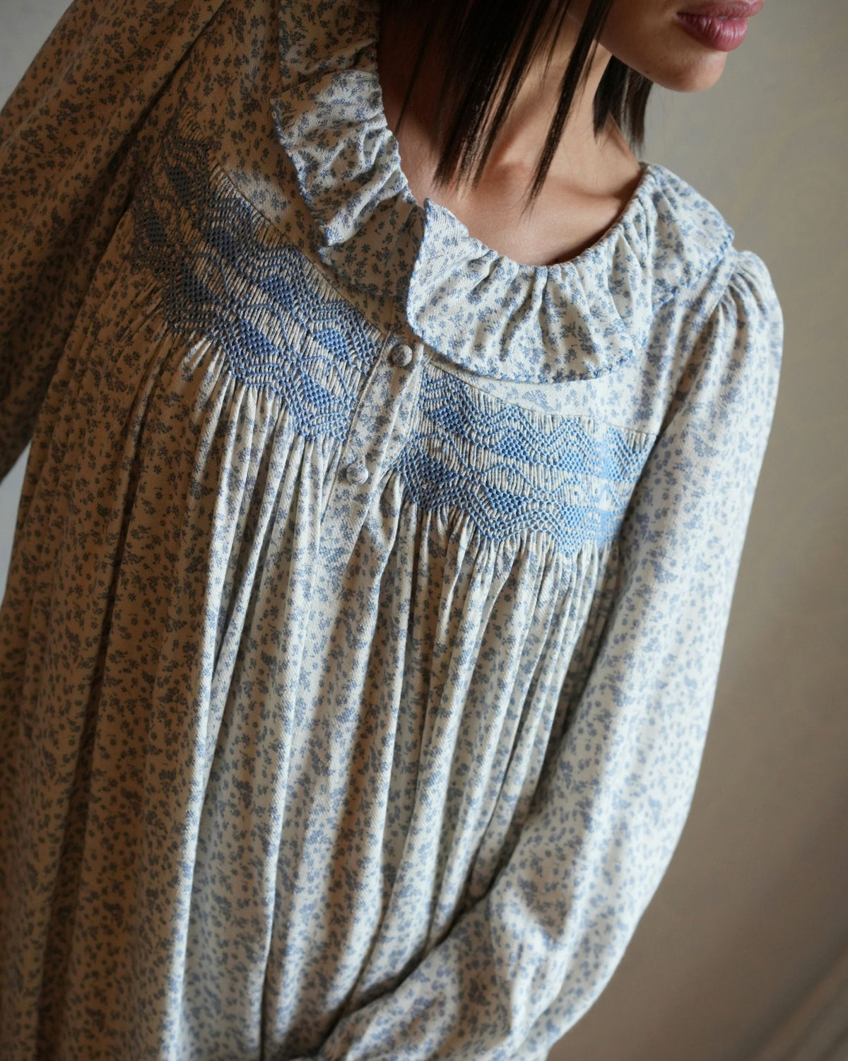 Women's Nightingale Dress Cornflower Ditsy with Bluebell Hand Smocking