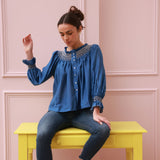 Cleopatra Blouse Cobalt Silk Cotton Sapphire with Vanilla Hand Smocking Edition 33
