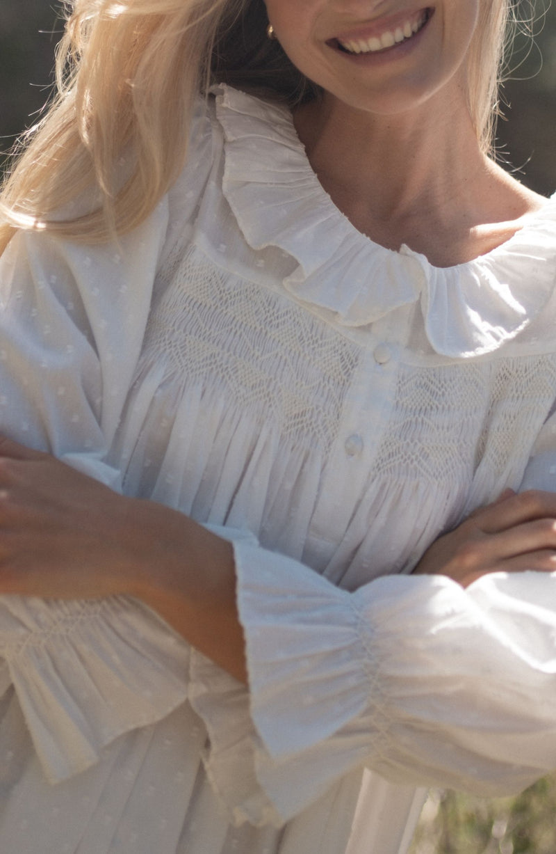 Nightingale Women's Dress Cloud Puff Plumetti with Ivory Hand Smocking