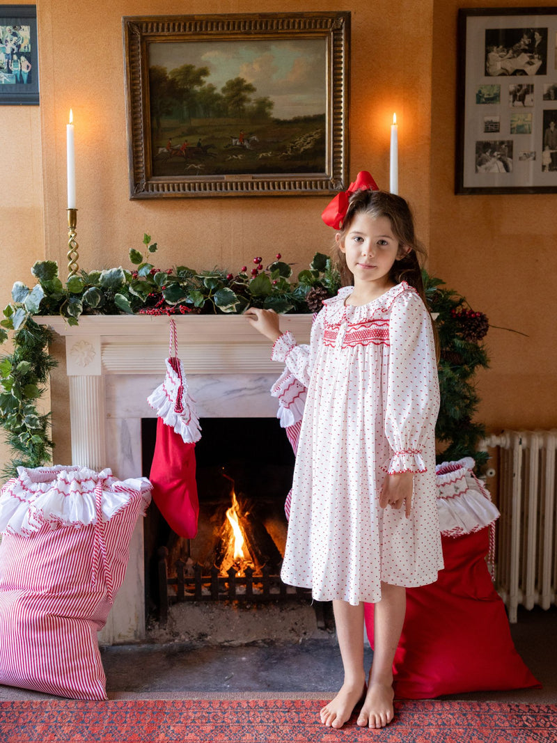 Nightingale Girl's Dress Red Berry Plumetti with Stacked Waves Hand Smocking