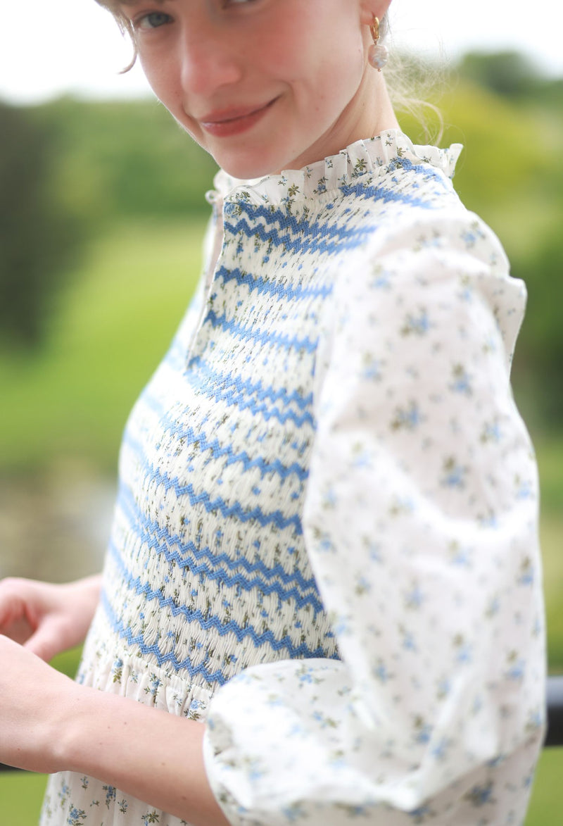 Emmeline Pankhurst Dress Brunnera Blooms with Forget Me Not Hand Smocking