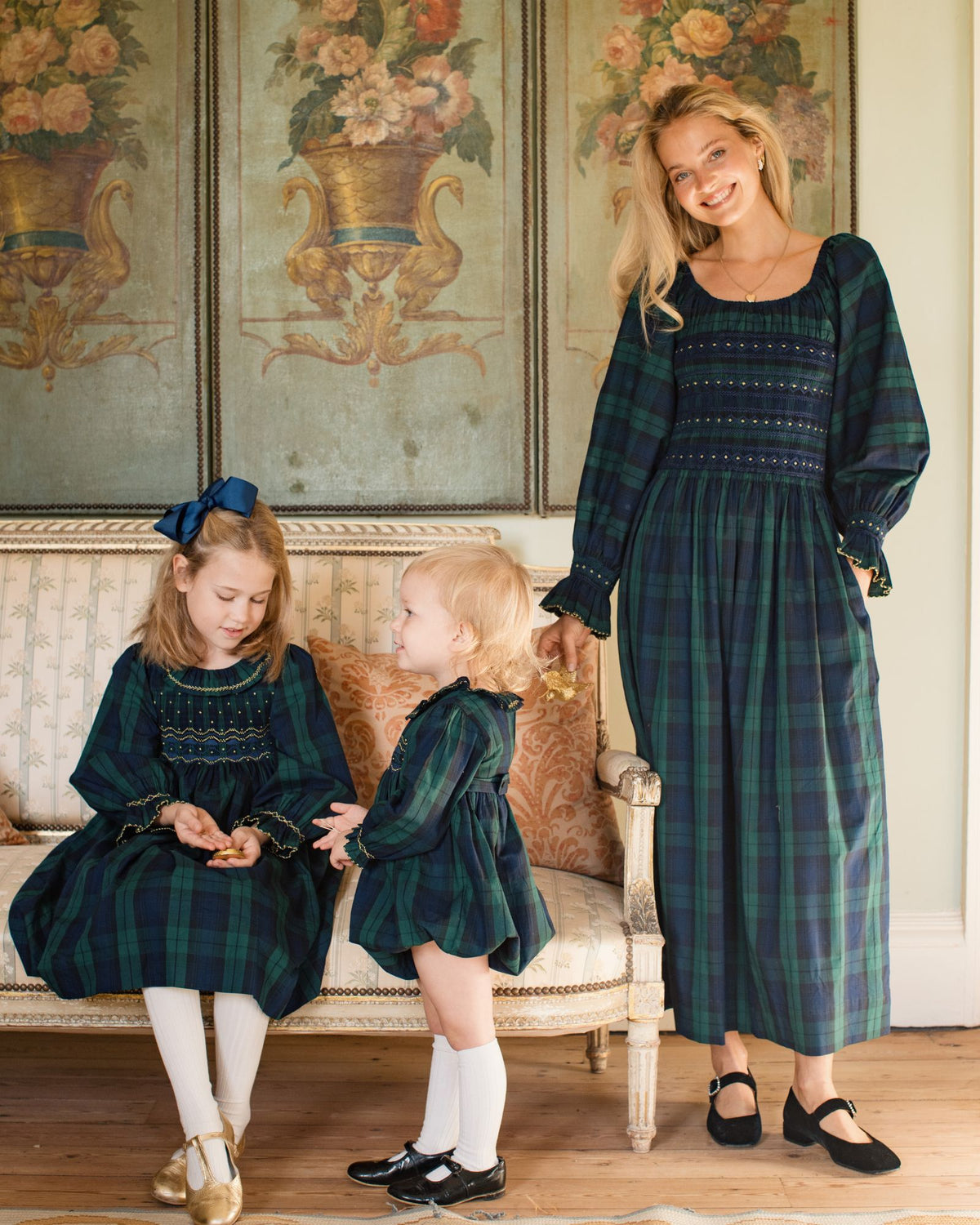 Jane Austen Romper Blackwatch Tartan with Midnight Star Hand Smocking