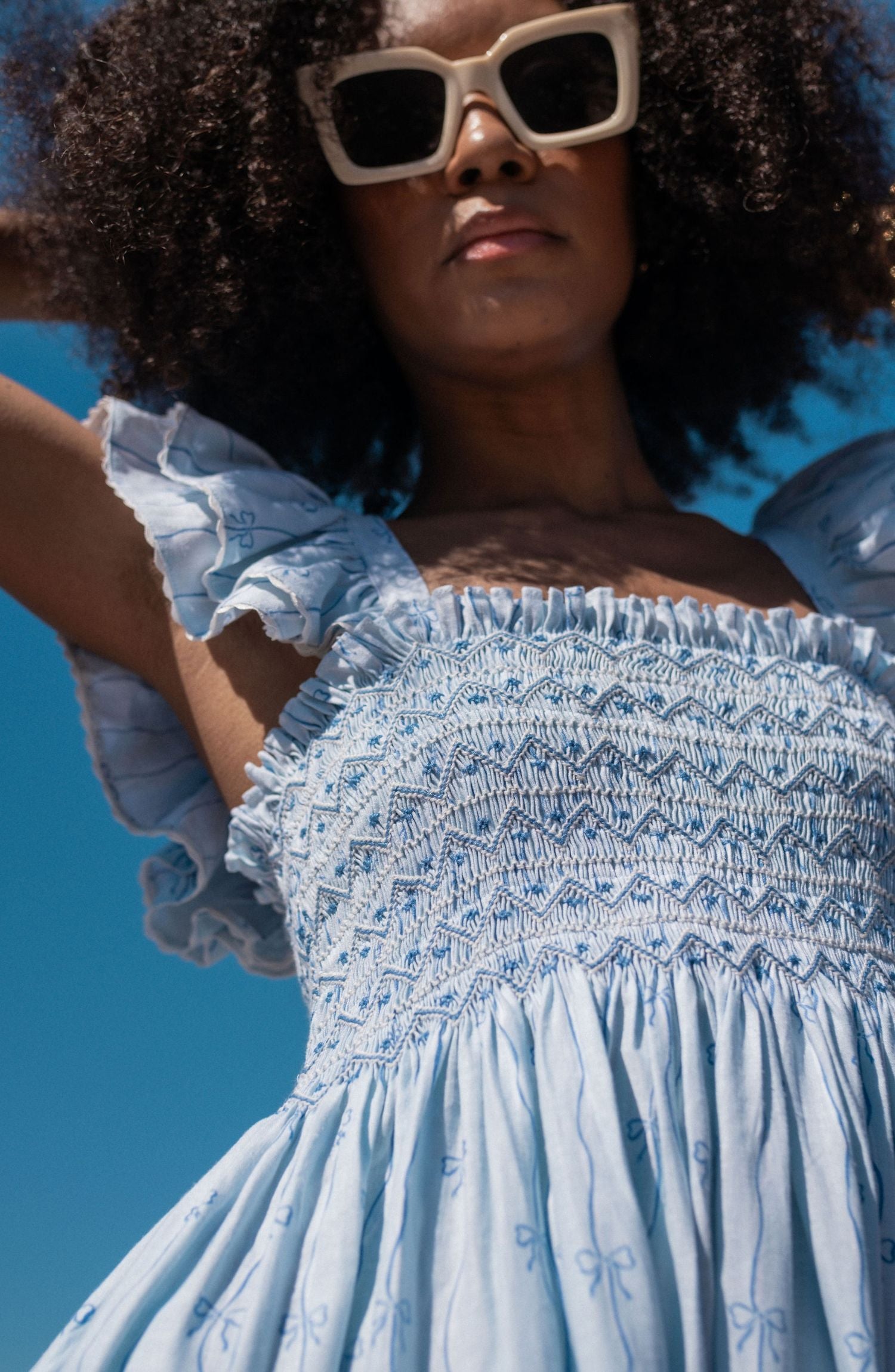 Octavia Hill Dress Blue Ribbons with Summer Skies Hand Smocking