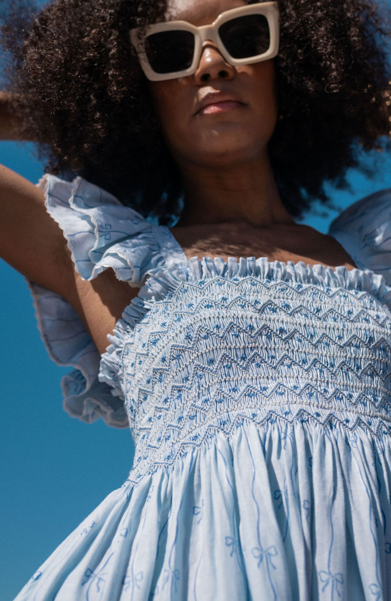 Octavia Hill Dress Blue Ribbons with Summer Skies Hand Smocking