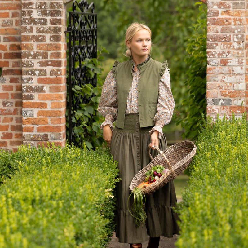 Mary Seacole Women's Skirt Oak Leaf Linen with Moss Hand Smocking
