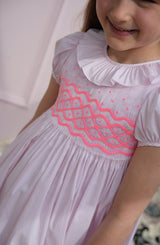 Katherine Johnson Dress Pink Grid Cotton with Strawberrylicious Hand Smocking