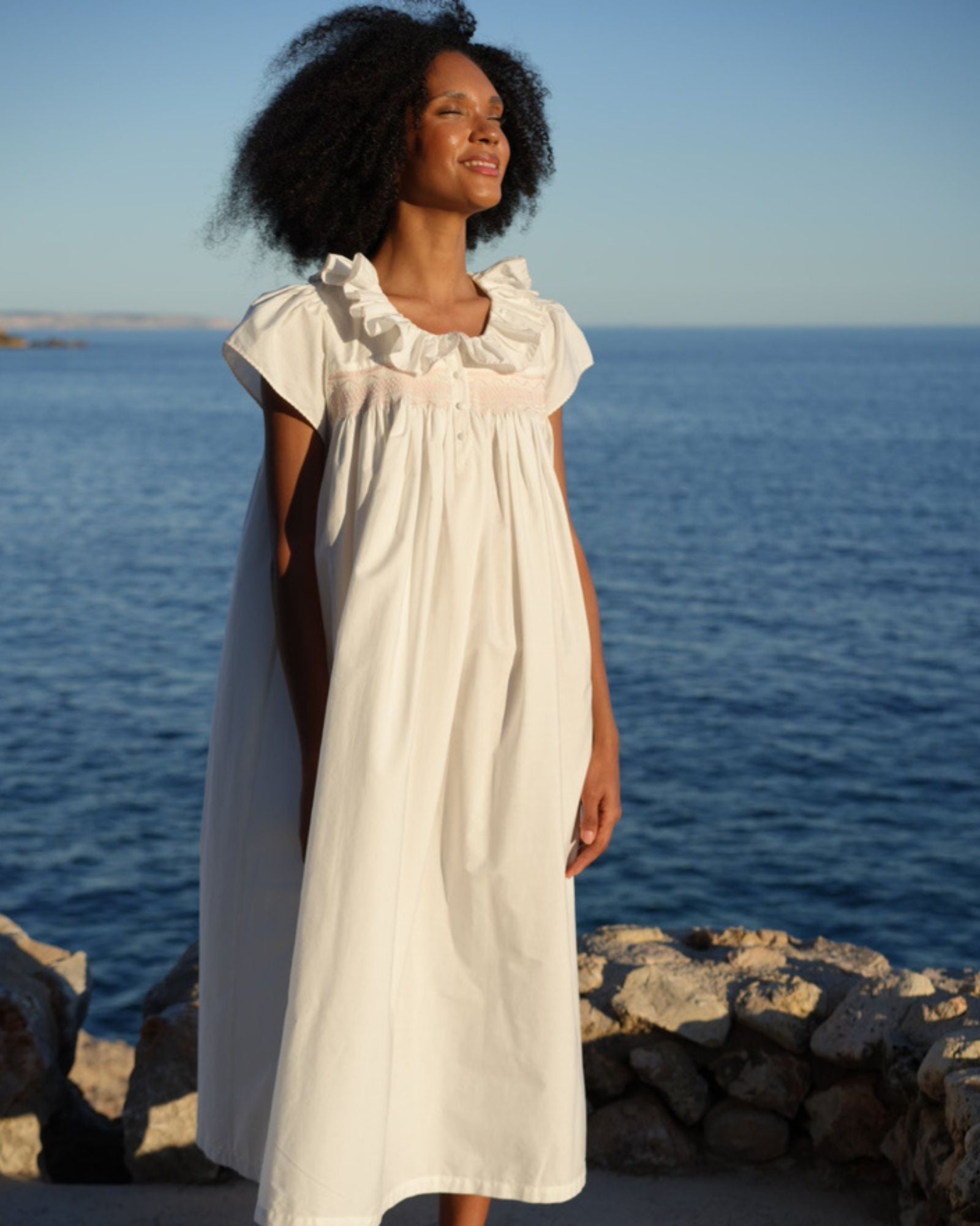 Nightingale Women's Short Sleeve Dress with Seashell Stacked Curves Hand Smocking
