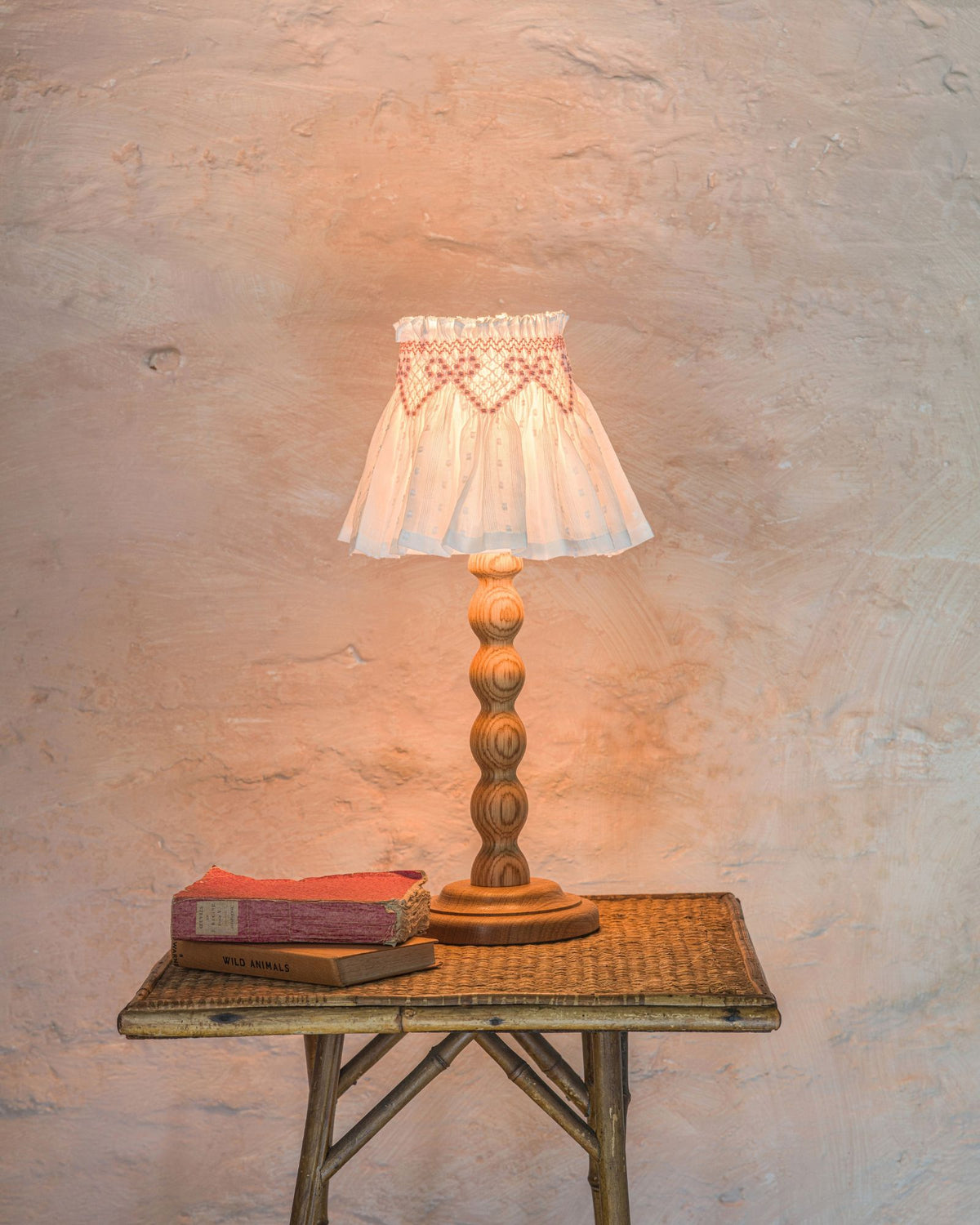 Edit58 x Smock London Elsie Lampshade White Spot Cotton with Rose Ribbons Hand Smocking
