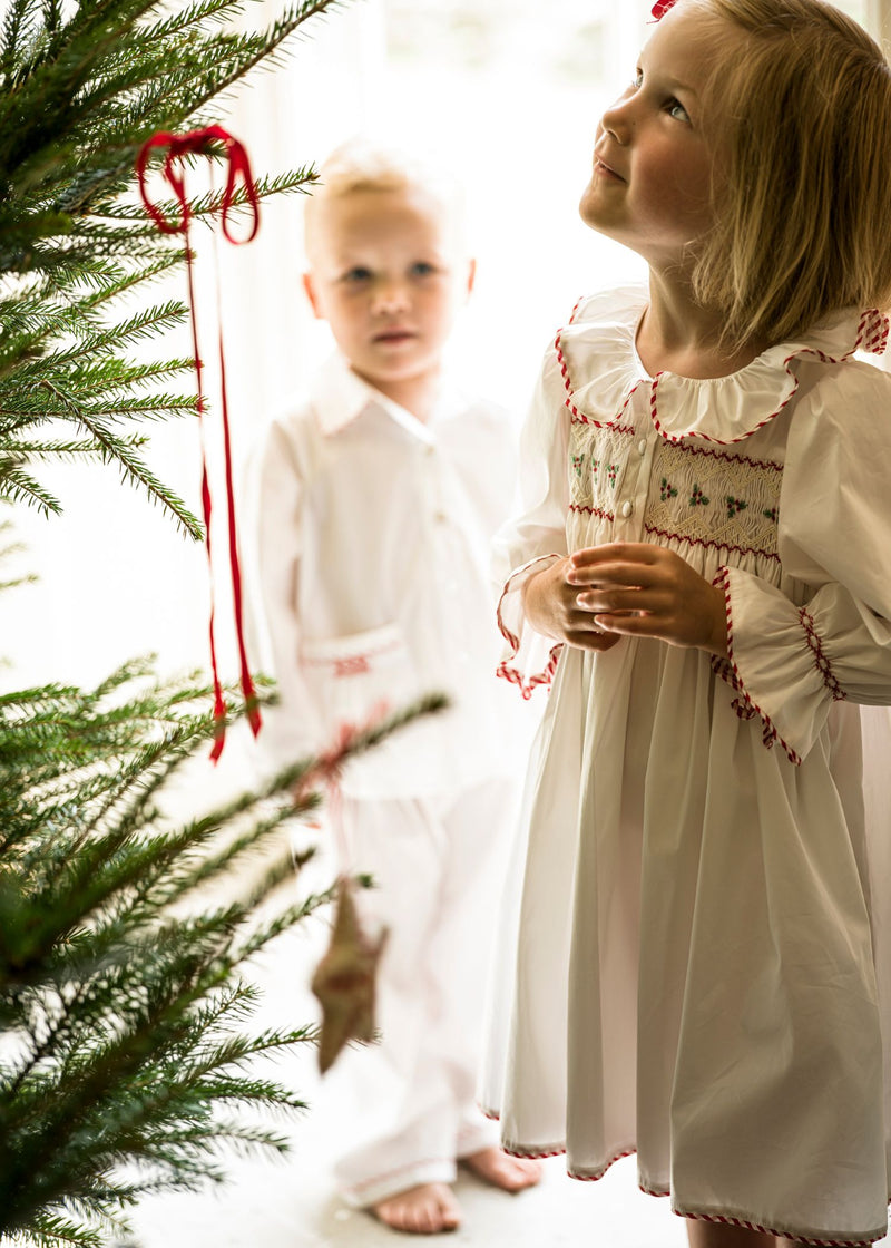 2-3y Samantha Varvel x Smock London Nightingale Girls Dress Moonstone White with Candy Cane Trim and Holly Hand Smocking