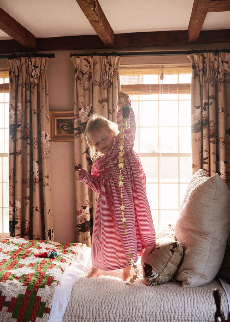 1-2 & 2-3y Samantha Varvel x Smock London Nightingale Girl's Dress Gingerbread Stripes with Snow Heart Hand Smocking