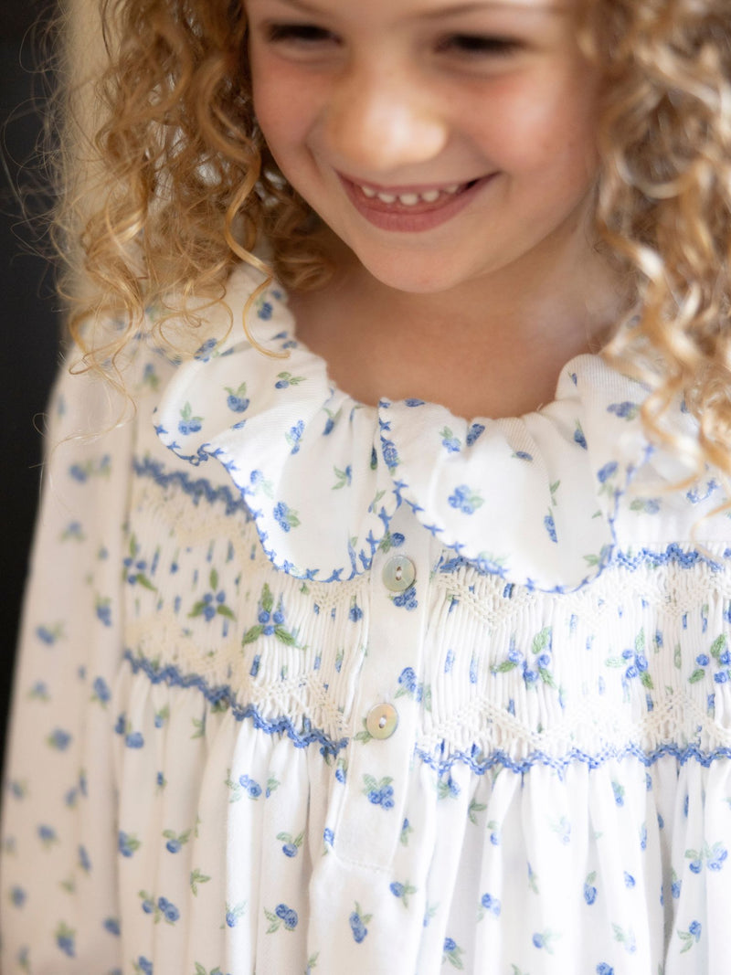 Nightingale Girl's Dress Blueberry Brushed Cotton with Blueberry Hand Smocking