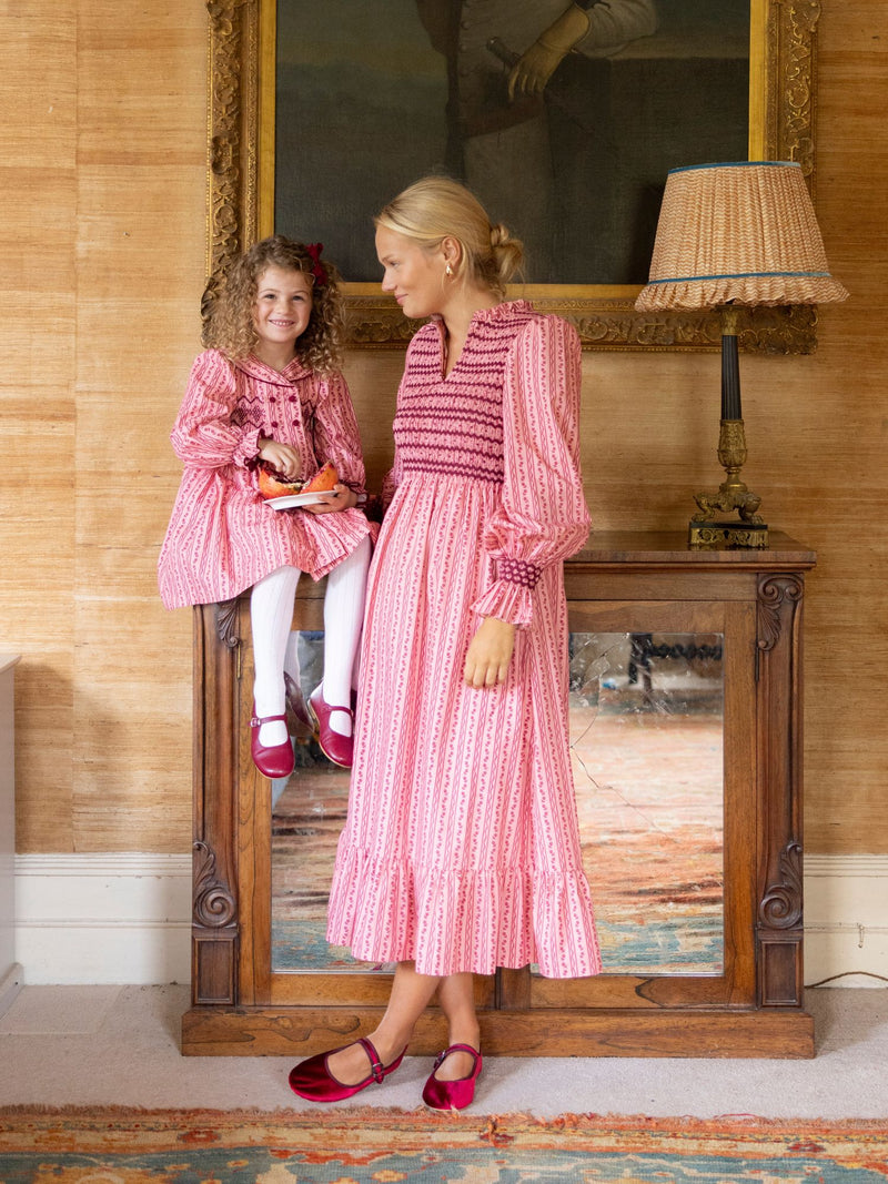 Margaret Thatcher Dress Mulberry Trellis with Diamonds and Rubies Hand Smocking