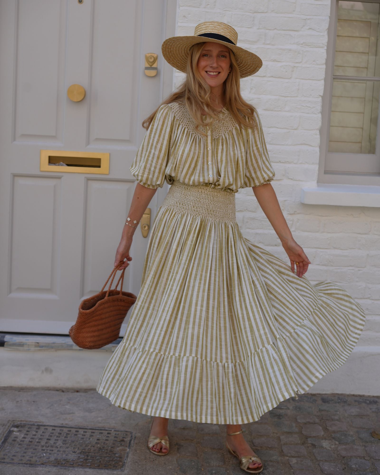 Domenica Marland x Smock London Cleopatra Blouse Pistachio Stripes with Ecru Hand Smocking