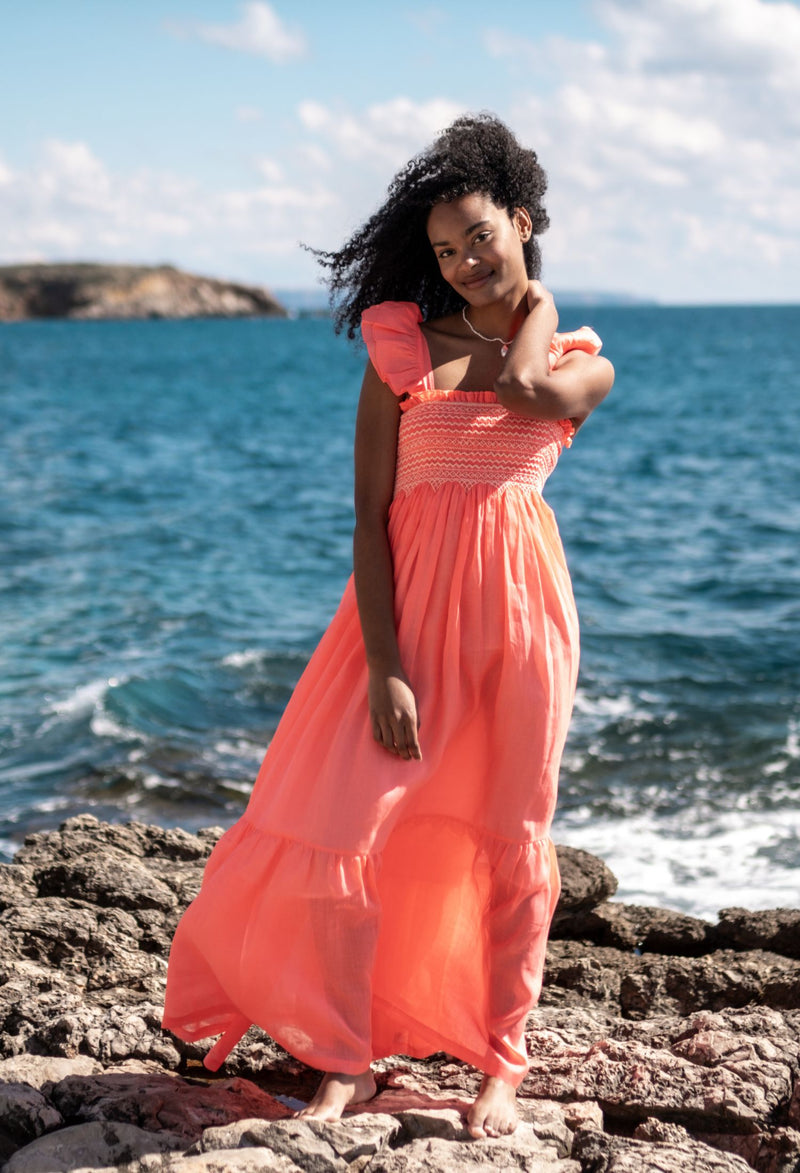 The Wallis Simpson Dress Coral Dreams Organdie with Chantilly Hand Smocking