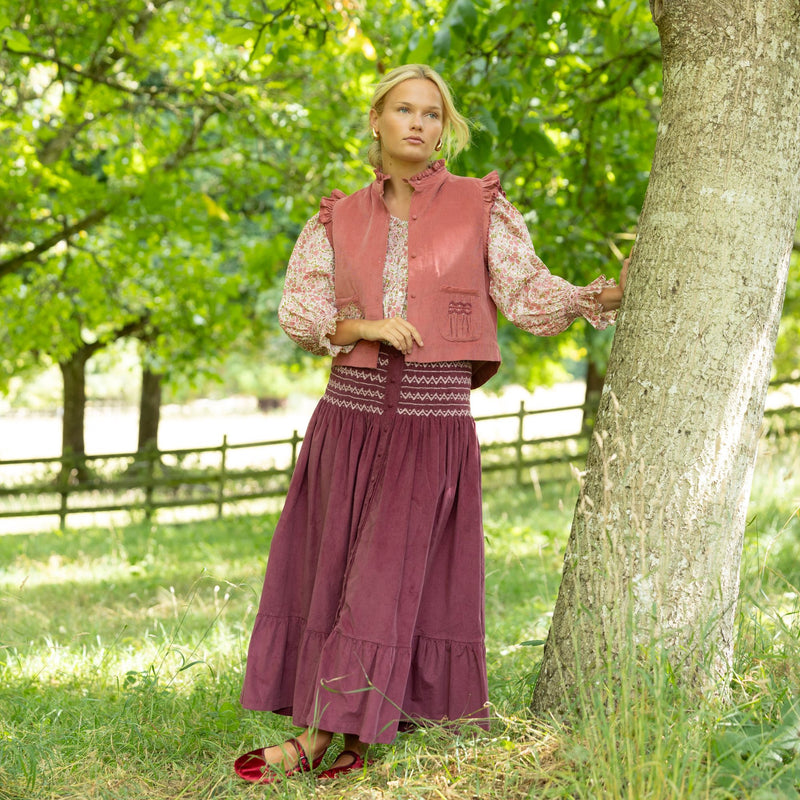 Sullivan Women's Skirt Mulberry Needlecord with Rosehip Hand Smocking