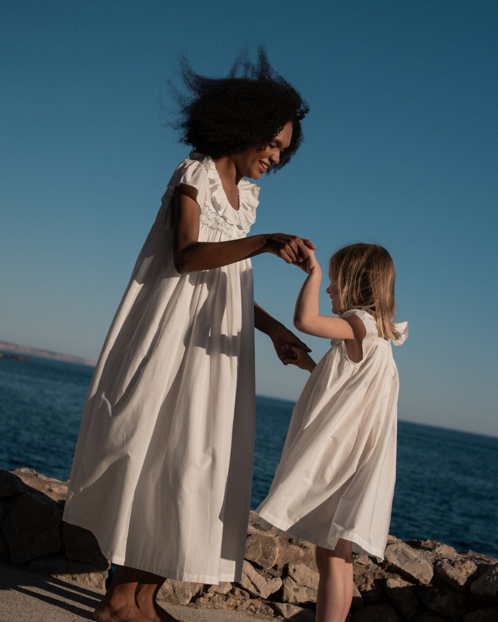Nightingale Girl's Dress Moonstone Cotton with Blue Blooms Hand Smocking