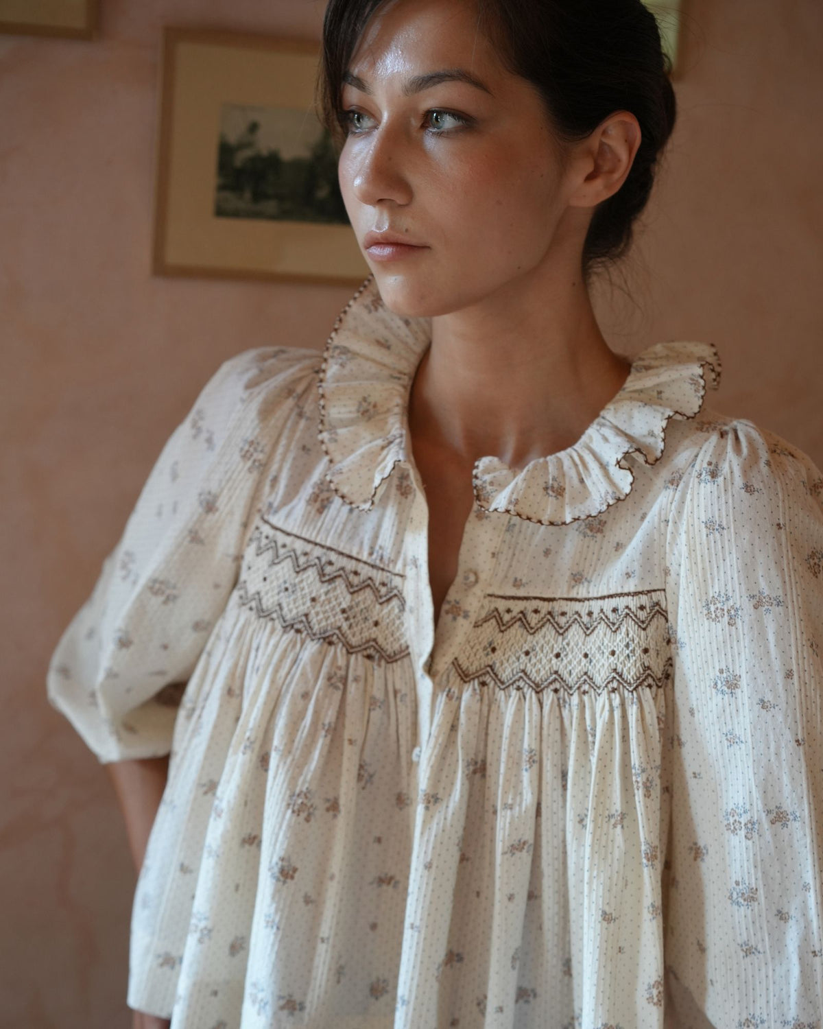 Marie Curie Blouse Tea Posie with Toffee Cream Hand Smocking