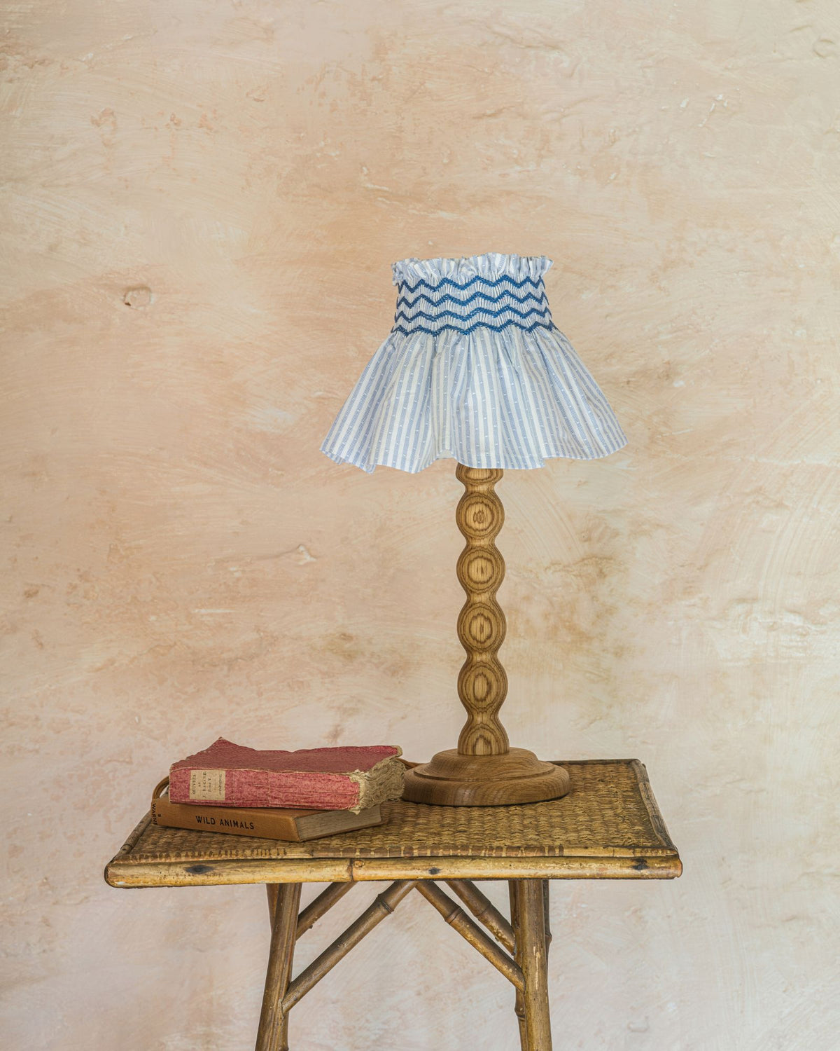 Edit58 x Smock London Elsie Lampshade Spotted Blue Stripe with Sapphire Hand Smocking