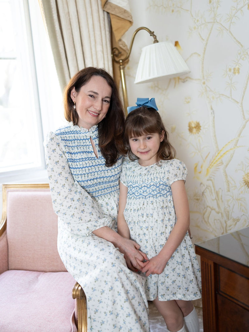 Emmeline Pankhurst Dress Brunnera Blooms with Forget Me Not Hand Smocking