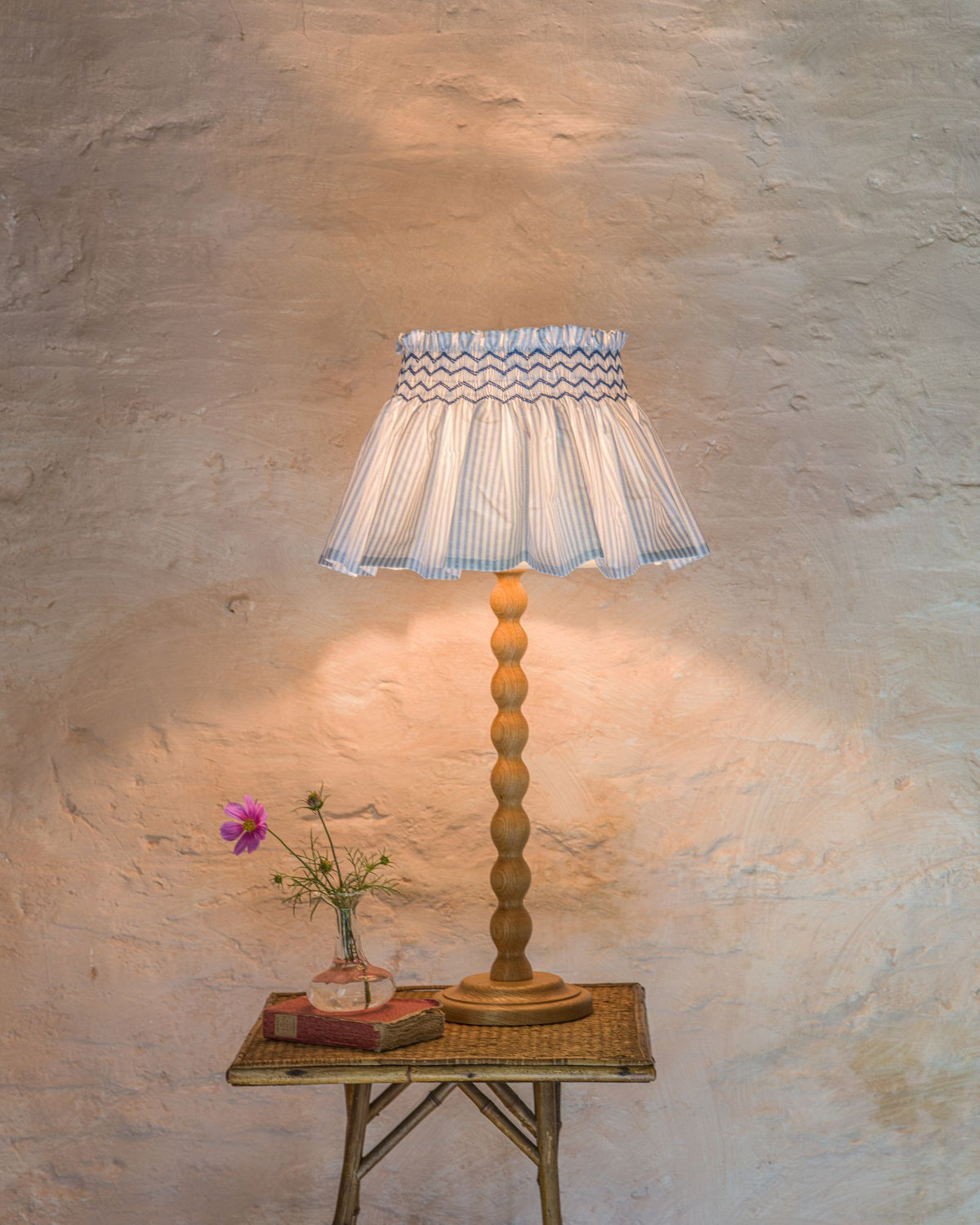 Edit58 x Smock London Elsie Lampshade Spotted Blue Stripe with Sapphire Hand Smocking