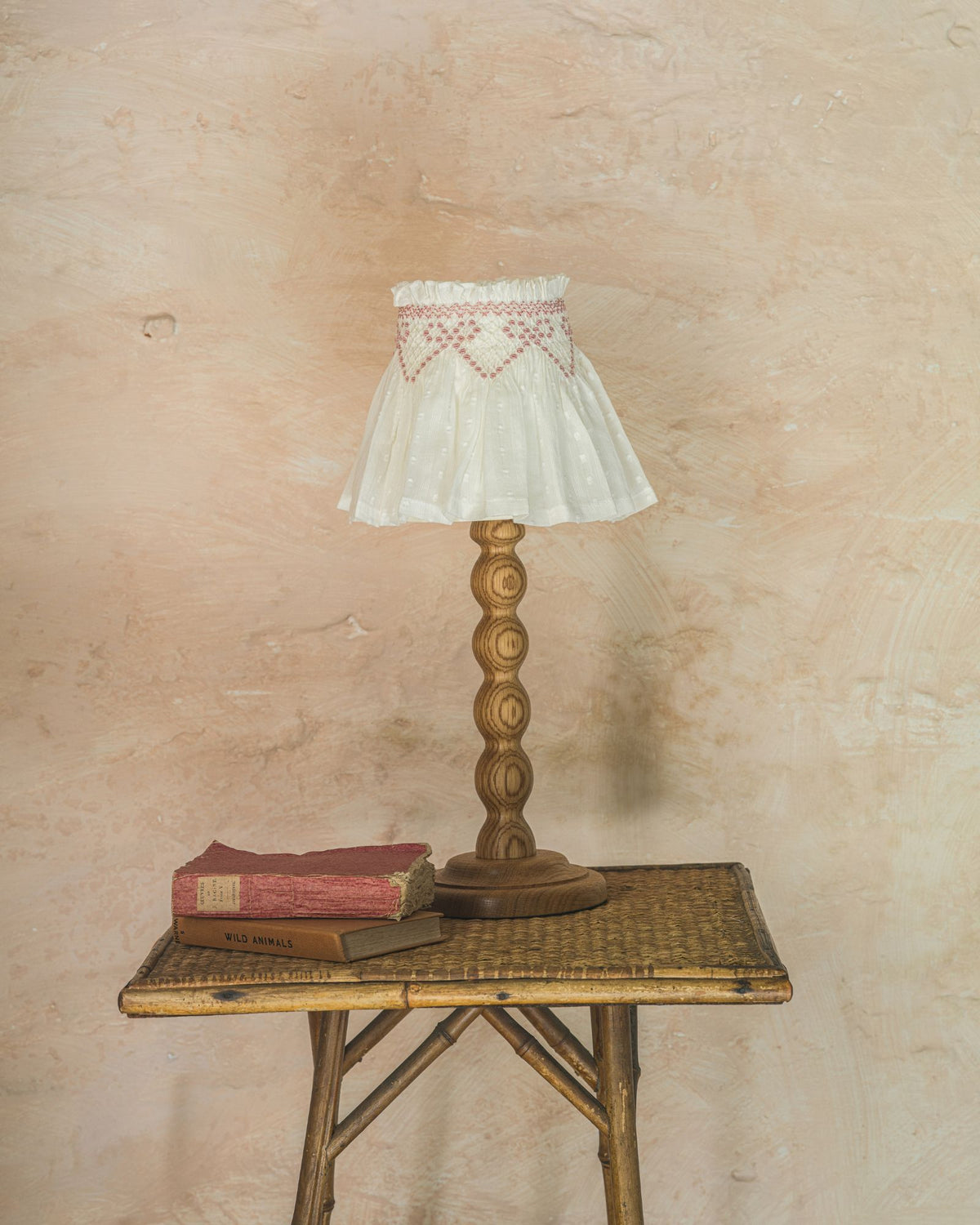 Edit58 x Smock London Elsie Lampshade White Spot Cotton with Rose Ribbons Hand Smocking