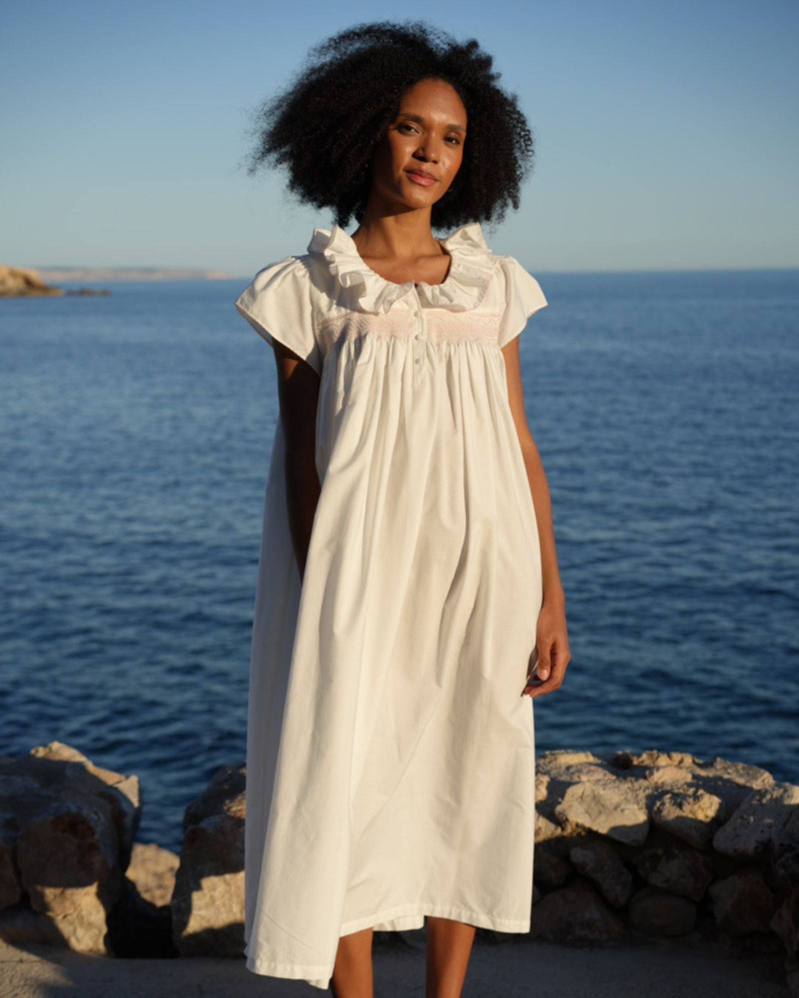 Nightingale Women's Short Sleeve Dress with Seashell Stacked Curves Hand Smocking