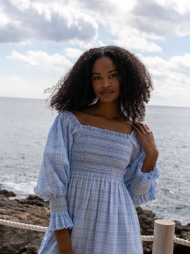 Josefine Butler Dress Seaside Check with Cherries Hand  Smocking