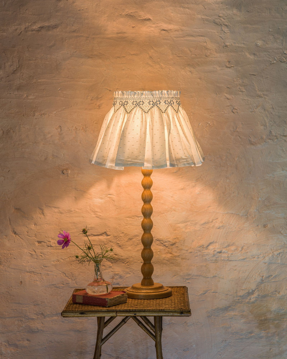 Edit58 x Smock London Elsie Lampshade White Plumetti with Cornflower Ribbons Hand Smocking