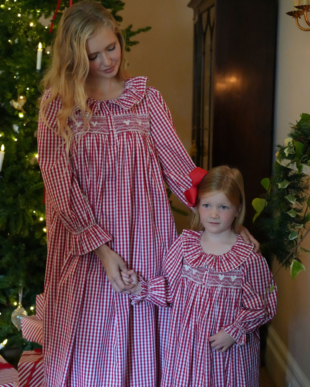 Nightingale Women's Dress Crimson Gingham with Snow Angel Hand Smocking