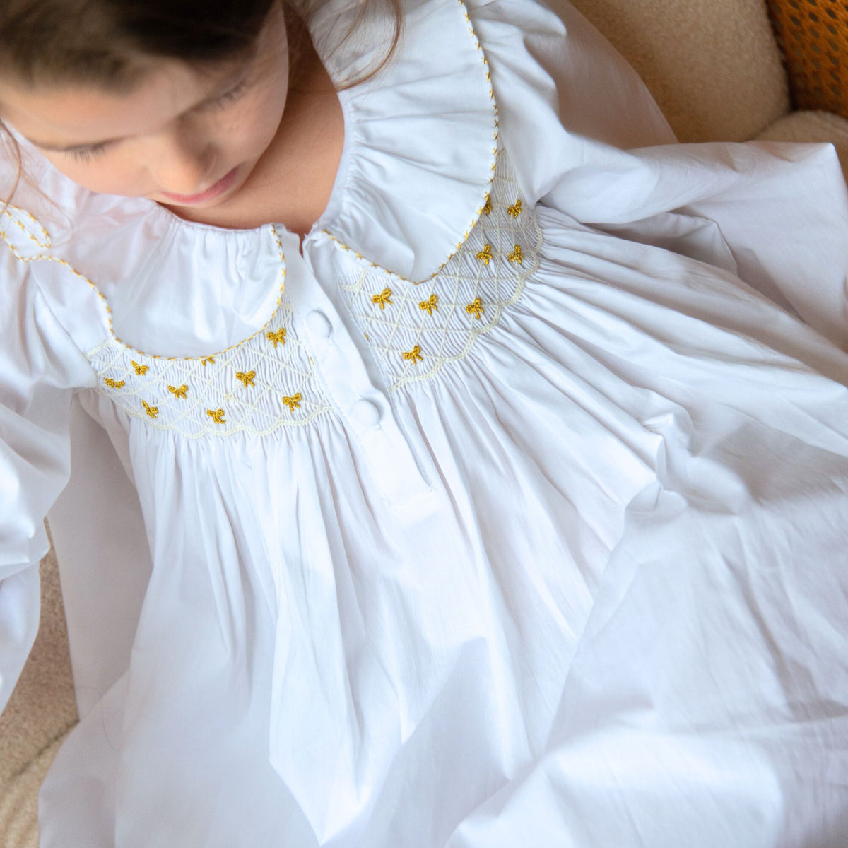 3-4y Memo Press x Smock London Nightingale Girls Dress Moonstone with Gold Bows Hand Smocking